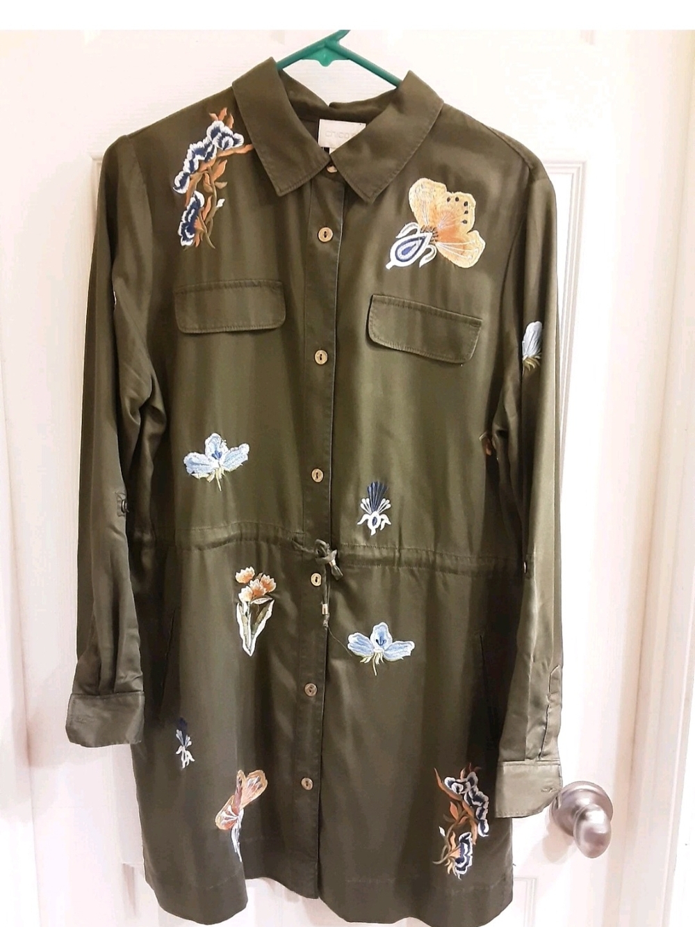 Chico's Dress Women's Size 1 Medium/8  Embroidered Flowers, Hunter Green EUC